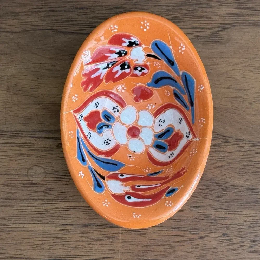 Hand Painted Orange Multicolor Floral Oval Ceramic Bowl, 2 in Tall